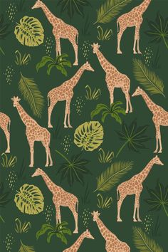 giraffes and palm leaves on a dark green background, seamless pattern