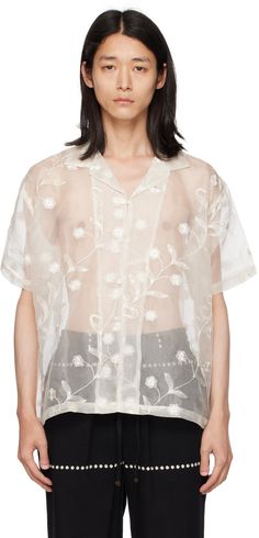 Handcrafted semi-sheer silk organza shirt. Beaded detailing and floral pattern embroidered throughout. · Open spread collar · Button closure Supplier color: White Designer Short Sleeve Summer Blouse, Elegant Embellished Summer Shirt, Designer Embroidered Summer Tops, Designer Embroidered Tops For Summer, Chic Floral Embroidered Shirt For Summer, Sheer Collared Shirt For Spring, Sheer Collared Summer Blouse, Summer Sheer Collared Blouse, Sheer Collared Blouse For Summer