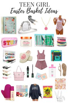 a bunch of items that are on top of a white background with the words teen girl easter basket ideas