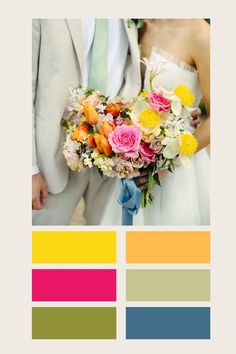 a wedding color scheme with the bride and groom in white suits holding colorful bouquets