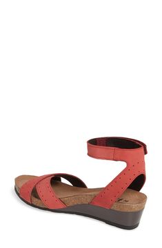 A cork and memory foam footbed adds lightweight comfort to this minimalist ankle-strap sandal. 1 3/4" heel;  1/2" platform (size 39) 3 1/2" shaft Adjustable hook-and-loop strap Lightweight shock-absorbing footbed with arch support Leather upper and lining/synthetic sole Imported Women's Shoes American Podiatric Medical Association (APMA) Seal of Acceptance Cork Wedge Sandals With Removable Insole And Ankle Strap, Cork Open Toe Sandals With Heel Strap, Leather Ankle Strap Footbed Sandals With Cork-bed Midsoles, Adjustable Ankle Strap Sandals With Textured Footbed, Adjustable Cork Sandals With Cushioned Footbed, Adjustable Ankle Strap Footbed Sandals With Cork-bed Midsoles, Comfortable Adjustable Ankle Strap Footbed Sandals, Brick Red, Wedge Sandal