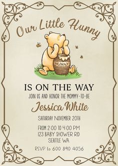 a baby shower is on the way with winnie the pooh and her honey pot