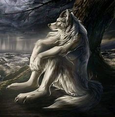 a white wolf sitting on top of a tree next to a body of water under a cloudy sky