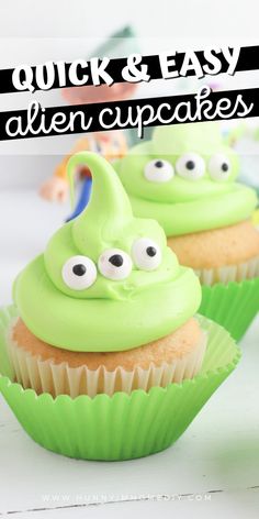 some green cupcakes with googly eyes on them