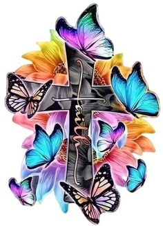 the cross is surrounded by many butterflies