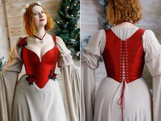 A fantasy costume that captivates with simple details. This silk corset attracts attention with its color and emphasized neckline. It will even fit into everyday life with pants, skits, and other dresses. The corset has light tightening. A soft cotton dress also deserves attention. It has long sleeves and puffed sleeves on the shoulders. The pleasant cream color matches the red corset. The costume is perfect for fantasy events: LARPs, photoshoots, and festivals. Our corsets give nearly 2 inches tightening. If you need more or less - write to us. The dress and corset can be ordered separately. Decorative flowers and other additional accessories per request. PLEASE NOTE: the Dress in the photos is not included, but you can order it here: https://etsy.me/3O5JCNa The corset is made to order. ♥ Soft Cotton Dress, Silk Corset, Green Corset, Dress Art, Red Corset, Larp Costume, Fantasy Dresses, Overbust Corset, Fantasy Costumes