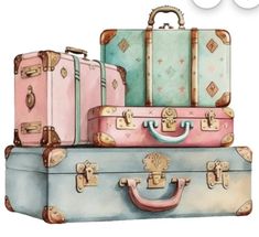 three suitcases are stacked on top of each other