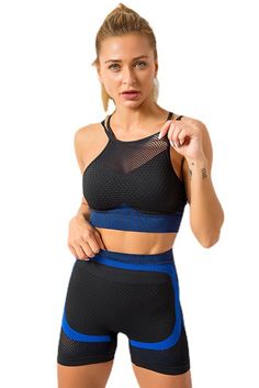 Sky Blue Breathable Mesh Gym Crop Top & Shorts Sports Set High Stretch Blue Sports Bra For Light Sports, Sporty Blue Nylon Sports Bra, Blue Nylon Activewear For Training, Blue Nylon Sporty Sports Bra, Blue Nylon Training Activewear, Blue Nylon Sports Bra For Workout, Blue High Stretch Breathable Sports Bra, High Stretch Breathable Blue Sports Bra, Blue Stretch Nylon Sports Bra