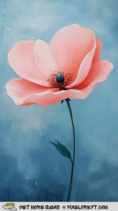 a painting of a pink flower on a blue background