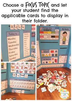 four different pictures with the words, choose a focus topic and let your student find the appropriate cards to display in their folder