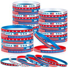 red, white and blue patriotic bracelets with usa flag bands on each wristband