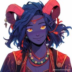 an anime character with horns and blue hair