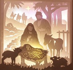 paper cut nativity scene depicting jesus and the three wise men, with silhouettes of animals