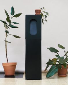 a tall black tower sitting next to two potted plants