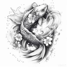 a drawing of a koi fish with flowers on it