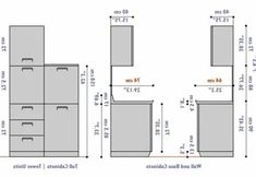 the measurements for kitchen cabinets are shown in three different sizes and colors, including one with drawers