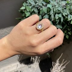 One of the most ethereal cluster rings to come across our desks as of late! This ring feels like magic on the finger, it glimmers and shrines in such a wonderfully radiant way. The cabochon moonstone center has a wonderful glow that is accented by a halo of 16 rose cuts in buttery 18kt yellow gold. She feels rustic, elegant, and oh so beautiful. 18kt Yellow Gold, size 6.5 & fully resizable.Moonstone measures: 8.88 x 6.47 x 4.16mmDiamonds are estimated to be H/J colors & VS/SI clarities. Modern Mens Rings, Art Jewelry Earrings, Bespoke Rings, Cluster Rings, Antique Watches, Antique Engagement, Antique Engagement Rings, Mens Band, Vintage Band