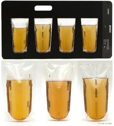 four shot glasses in plastic bags on top of each other