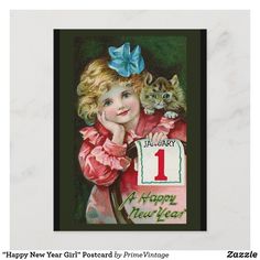 a birthday card with a girl holding a cat and the number one on it's front