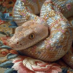 a close up of a snake on a blanket