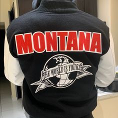 Hot New Custom Made Scarface Jacket! Made Out Of Wool With Leather Sleeves. This Jacket Is One Of A Kind And Guaranteed To Get You Compliments Everywhere You Go! Team Montana! Scarface Jacket, Go Team, Leather Sleeves, Leather Sleeve, Montana, Mens Jackets, Custom Made, Black White, Man Shop