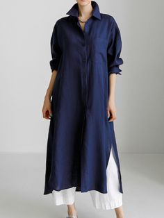 Simple Long Sleeves Split-Side Solid Color Lapel Midi Dresses Shirt Dress NAVY BLUE-L Comfy Maxi Dress, Navy Blue Midi Dress, Dresses Casual Winter, Cotton Linen Dresses, Cotton Shirt Dress, Maxi Dress Navy, Navy Midi Dress, Shirt Dress Casual, Solid Color Shirt