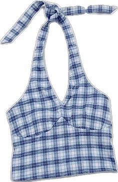 Blue Cotton Halter Top, Blue Cotton Halter Neck Top, Plaid Tie, Halter Crop Top, Hollister Tops, Tie Neck, Bra Cups, White Plaid, Low Cut