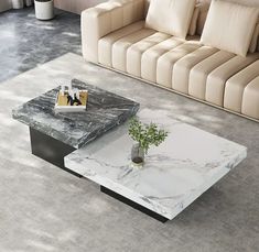 a marble coffee table sitting on top of a carpeted floor next to a couch