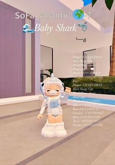 an animated image of a baby shark standing in front of a house