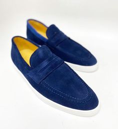 Style: 529-32S-Blue Supple Suede slip-on Penny Slot Loafer from our Maurice collection, features full Calfskin lining and an Athletic Inspired Rubber Sole! Blue Suede Slip-ons With Contrast Sole, Blue Leather Casual Slip-on Sneakers, Blue Textured Sole Slip-ons For Spring, Blue Slip-on Moccasins, Casual Blue Slip-ons With Contrast Sole, Classic Blue Slip-ons For Business, Blue Leather Sole Slip-on Moccasins, Blue Slip-on Moccasins With Rubber Sole, Blue Slip-on Boat Shoes