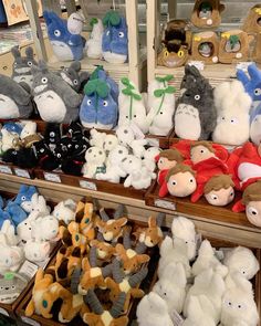 many stuffed animals are on display in a store