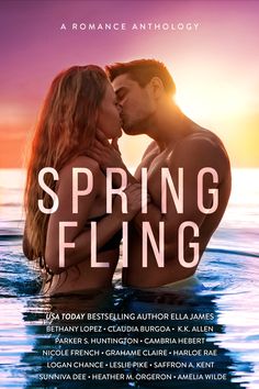 a man and woman kissing in the water with text reading spring fling on top of them