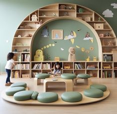 Reading Corner Daycare, Kindergarden Interiors, Kindergarten Design Ideas, Kids Library Design, Kids Library Room Ideas, Reading Space Design, Play Space Ideas