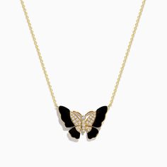 Effy Nature 14K Yellow Gold Onyx and Diamond Butterfly Necklace Diamond Butterfly Necklace, Diamond Butterfly, Effy Jewelry, Yellow Stone, Butterfly Necklace, Gold Yellow, Round Diamonds, Gold Metal, Onyx