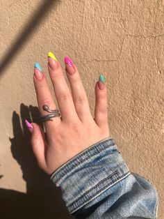 #nails #nailart #almondnails #naildesign Multicolored Nails, Neon Glitter, Jordans Retro, Clear Skin Face, Subtle Nails, Rainbow Pastel, Rainbow Nails, Cool Nail Designs, Fire Nails