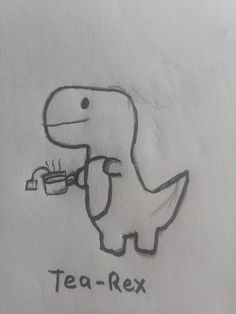 a drawing of a tea - rex dinosaur with a cup of coffee in it's hand