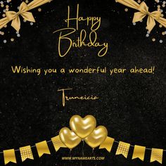 a happy birthday card with gold balloons and bunting streamers on a black background