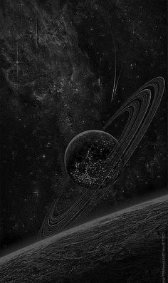 an artist's rendering of saturn and its rings in black and white with stars