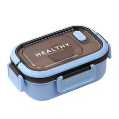 a blue and brown lunch box with the word healthy on it's lid, sitting in front of a white background