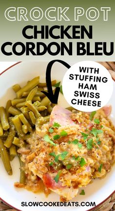 chicken cordon bleu with stuffing, hams and cheese on a white plate