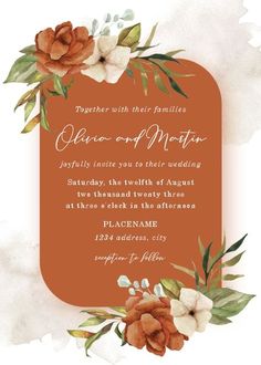 an orange and white wedding card with watercolor flowers on the front, and greenery in the back