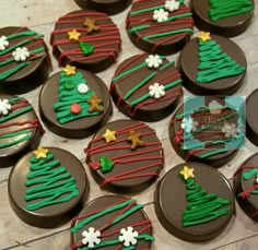 chocolate christmas cookies decorated with green and red icing