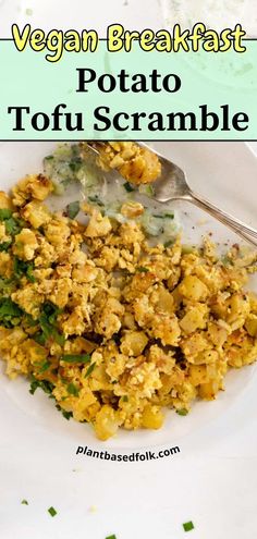 a plate of vegan breakfast potato tofu scramble Tofu Breakfast Recipes, Tofu Potato, Potato Scramble, Breakfast Potato, Vegan Breakfast Options, Tofu Breakfast, Scrambled Tofu, Vegan Breakfasts, Breakfast Vegan