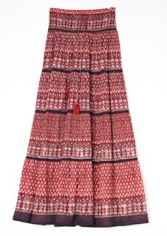 Introducing the playful Mari Print Maxi Skirt in vibrant red combo. Made from a linen blend, this Indian block print tiered skirt is lined for an easy fit. The smocked waistband features a tassel tie, perfect for pairing with a basic white cami or tee. (Maximum style achieved!) Print Maxi Skirt, White Cami, Indian Block Print, Printed Maxi Skirts, Tier Skirt, Spring Dress, Premium Brands, Printed Maxi, Tiered Skirt