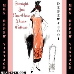 a vintage sewing pattern for a women's dress, with the words straight line one - piece dress pattern