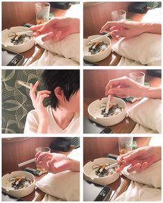 the process of making sushi with chopsticks is shown in four different pictures