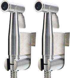 pair of stainless steel door handles on white background