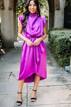 shop the mint, boutique clothing for women, trendy online boutique Purple Satin Midi Dress, Purple V-neck Midi Dress For Garden Party, Purple Midi-length Cocktail Dress, Viscose Midi Dress Purple, Chic Purple A-line Midi Dress, Floral Cocktail Dress, Two Piece Swimwear, Black Tie Dress, Long Sleeve Outerwear