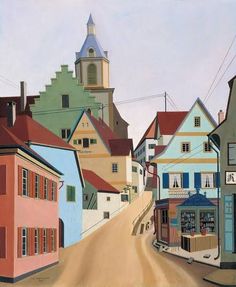 a painting of a street with buildings and a clock tower in the backgroud