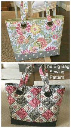 the bag sewing pattern is shown in two different pictures, one has flowers on it